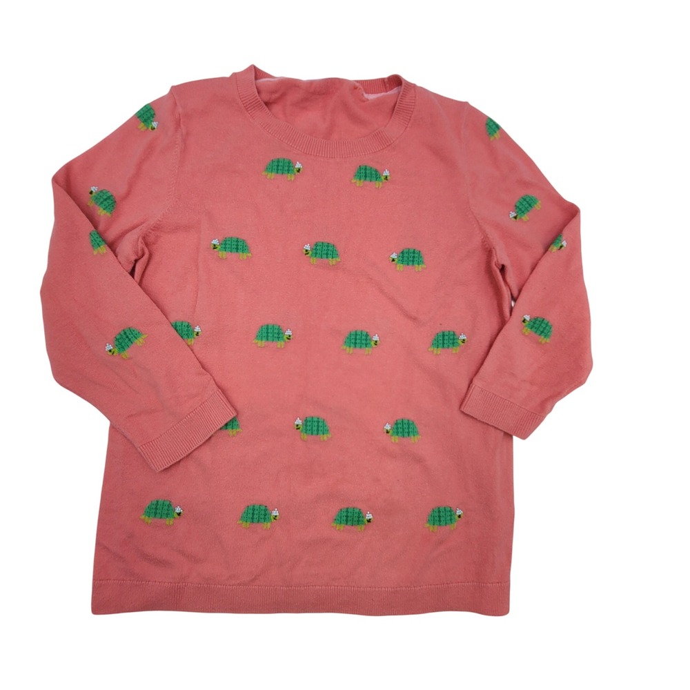 Talbots Petites Coral Pink Embroidered Turtle Crewneck Sweater Womens MP 3/4 Slv